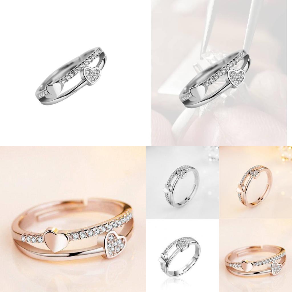 Three Jie Heart Shaped Diamond Inlaid Adjustable Opening Ring Wholesale Silver Jewelry