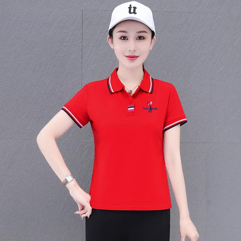 

Женская летняя белая футболка-поло из чистого хлопка с короткими рукавами и возможностью нанесения логотипа, коллекция 2025 года L (90-105 jin) красный
