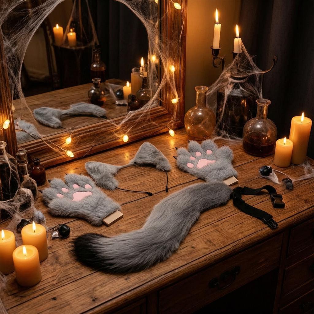 Animal Cosplay Set Kit Cosplay Chat Fluffy Tail Raised Paw Pads Gloves for Masquerade Events