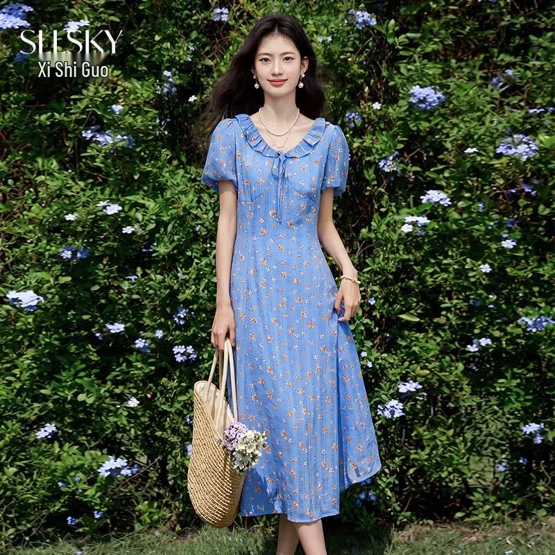 French Resort Floral V-neck Chiffon Dress M