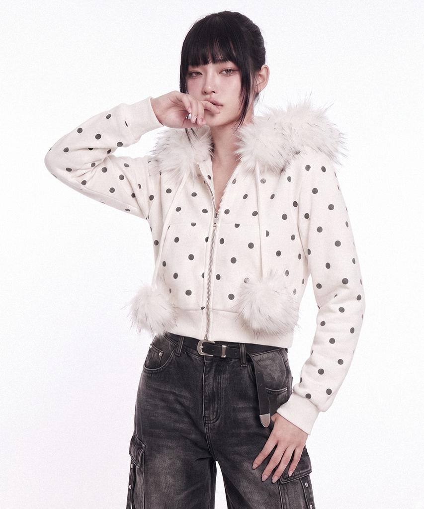 The Green Lab Fur Hood Dot Zip-Up [White]