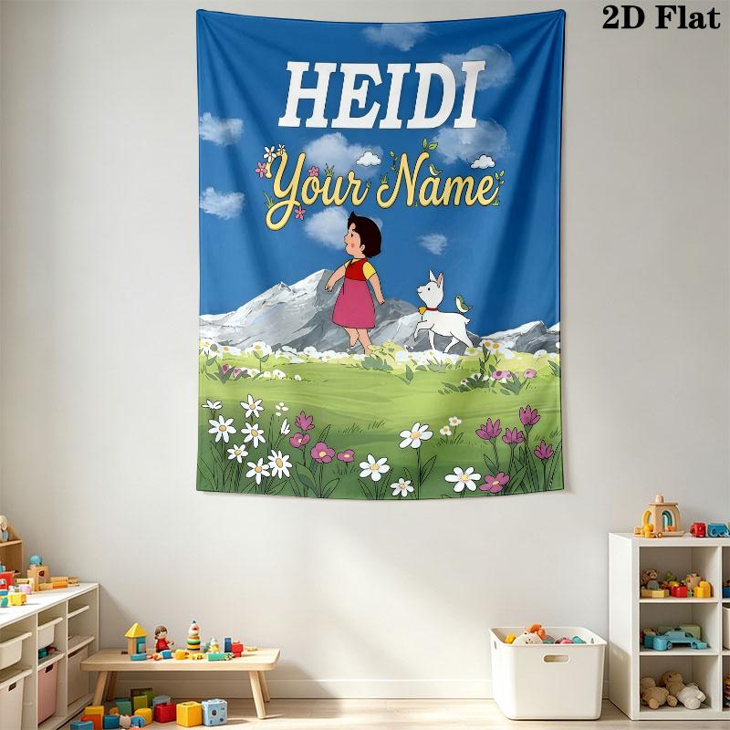 Heidi Alps Cartoon Custom Name Wall Tapestry Aesthetic Wall Hanging Printed Fabric Blanket Decorative Tapestries for Bedroom Living Room Home Decor