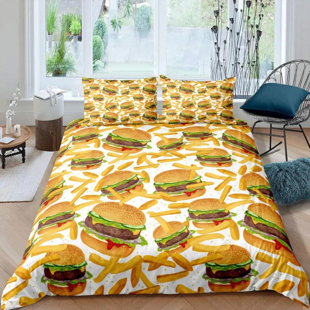 Comforter American Fast Food Full Size Polyester Pizza Hotdog Hamburger Print Bedding Set French Fries Cartoon