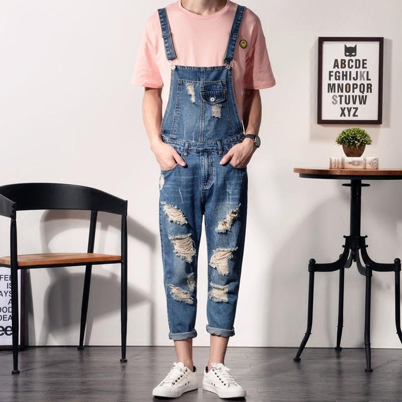 Jeans Men Pánské džínové overaly Pánská korejská verze Hole Jeans Světle modré overaly