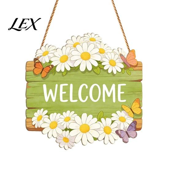 Patio Hanging Ornament Wooden Welcome Sign, Rustic Door 2D Daisy Butterfly Print, Spring Hanger Halloween Thanksgiving Easter Seasonal Holiday