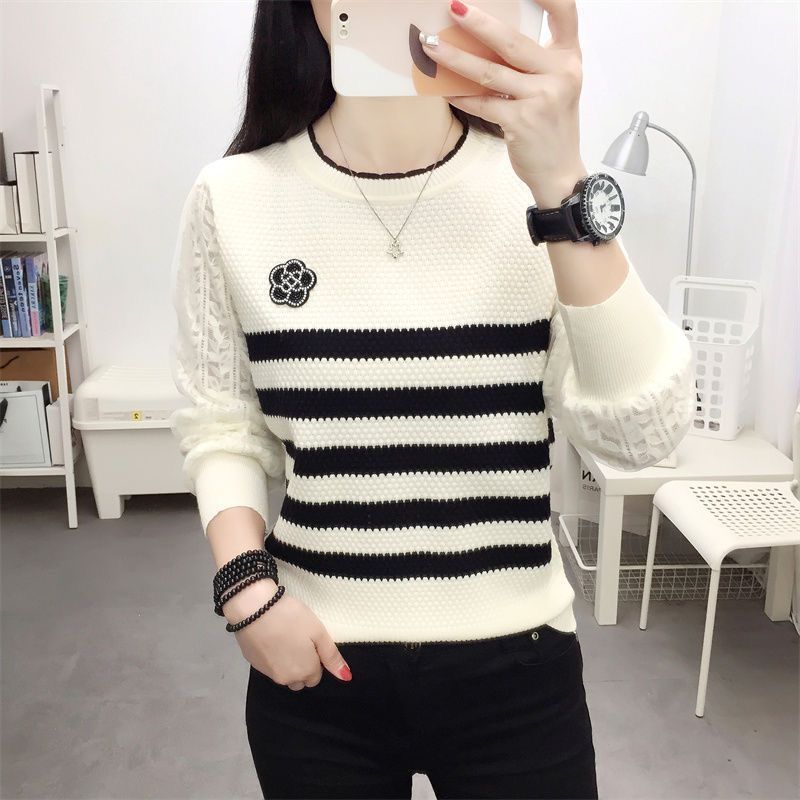 A New Versatile Striped Knitted Sweater with A Round-neck Lace Long-sleeved Top and A Unique Style