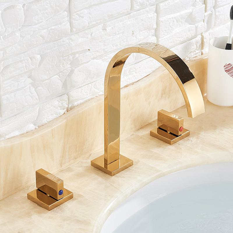 Basin Type Faucet Brass Polished Black deck installation Square Bathroom Sink Faucet Three Hole Dual Handle Cold and Hot Faucet