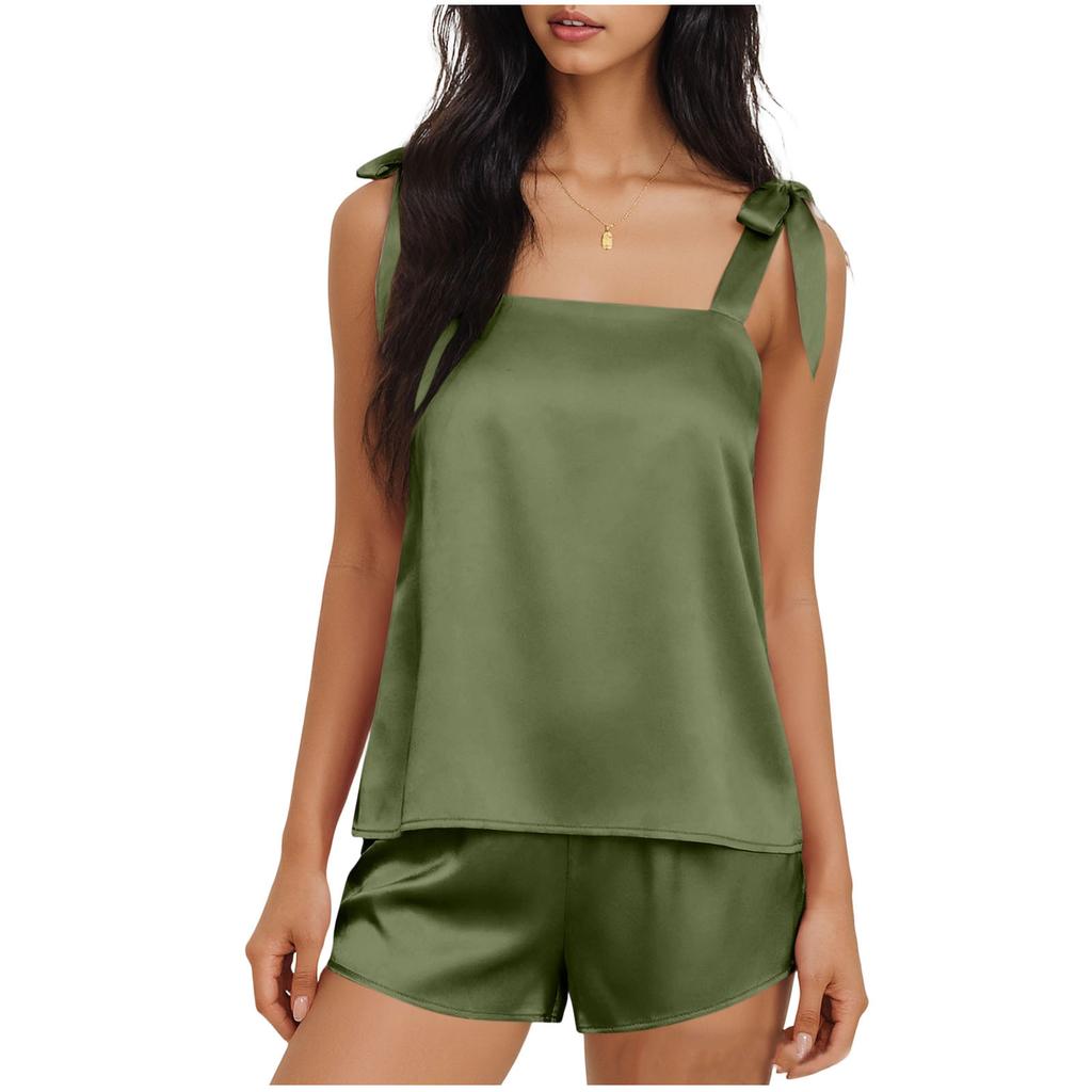 Damen Satin Nachtwäsche Set Verstellbarer Träger Tanktop und Locker sitzende Shorts für Bequeme Nachtwäsche