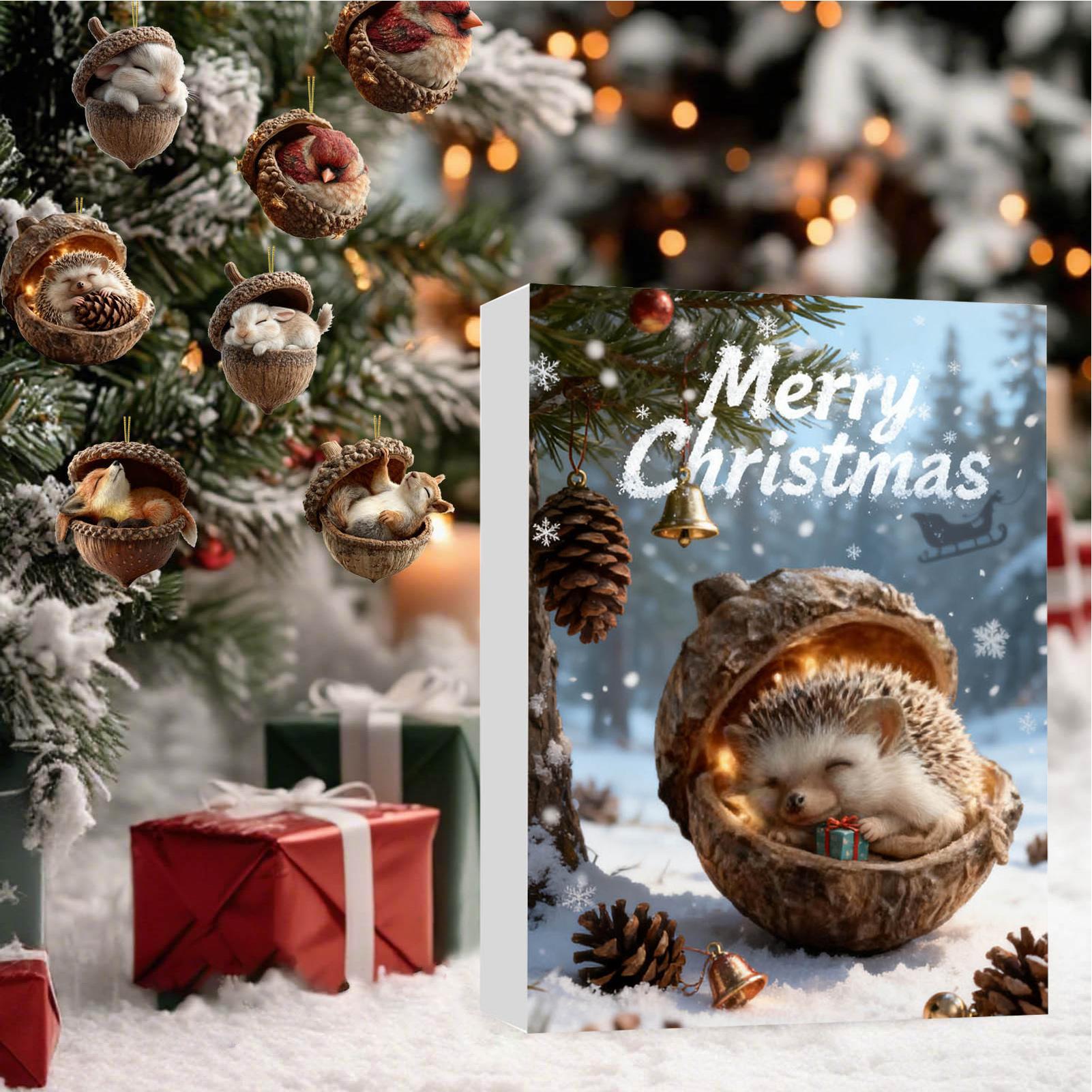 Christmas Calendar Advent 2D Flat Acrylic Animal Acorn Ornaments 2D Acrylic Animal Pendants Christmas Countdown Calendar A