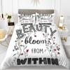 Flower Duvet Cover Set Words White Background with Colourful Flowers Pattern Bike King Size for Boys Girls Polyester Bedding Set