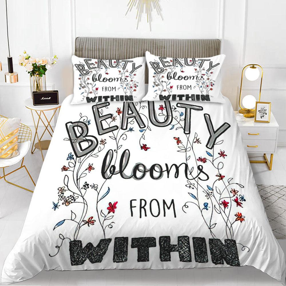 Flower Duvet Cover Set Words White Background with Colourful Flowers Pattern Bike King Size for Boys Girls Polyester Bedding Set