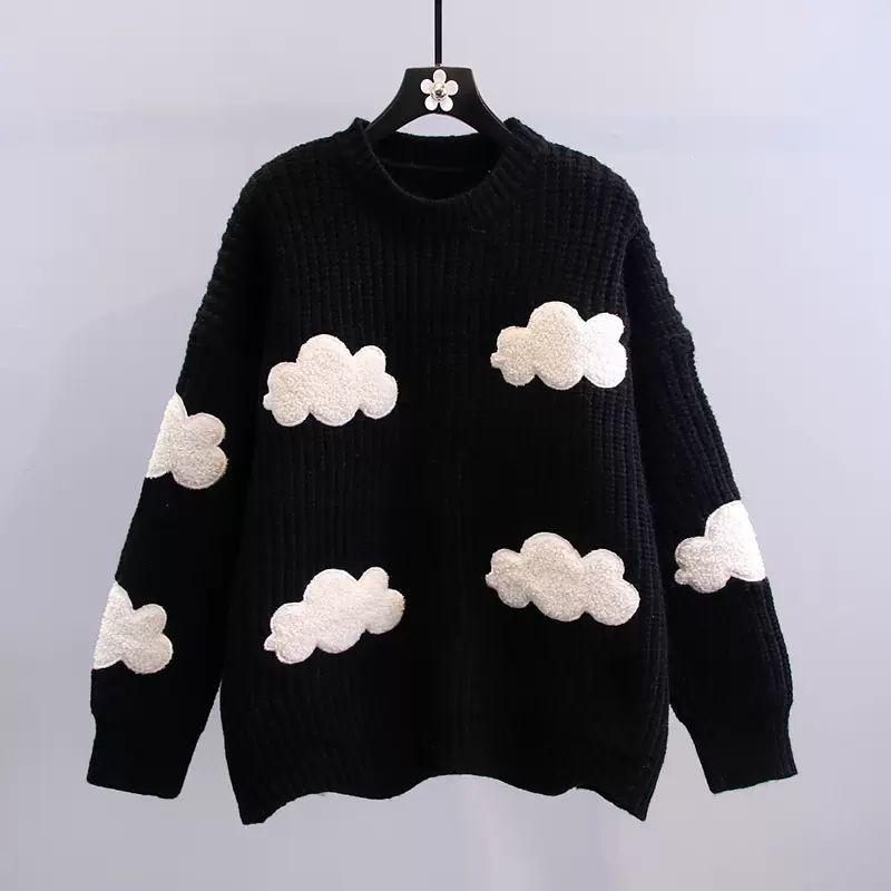 Dámský bílý svetr s oblačným vzorem Japonský roztomilý pletený svetr s kulatým výstřihem Podzimní volný všestranný dámský pulovr