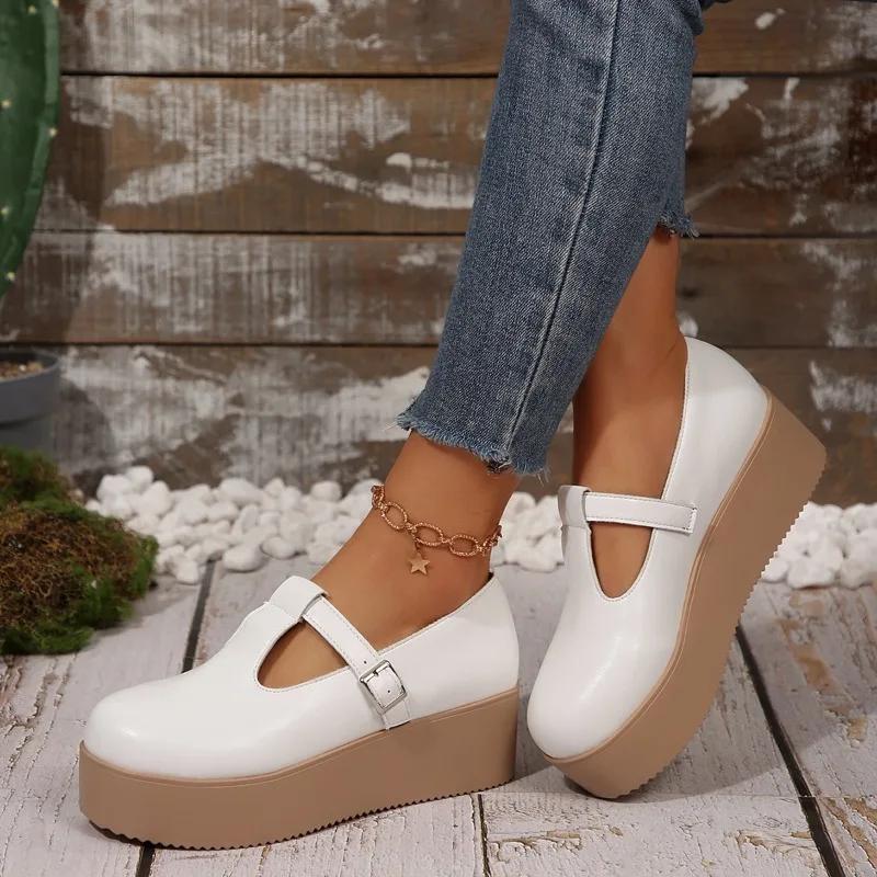 Women's Loafers Platform Sole Wedge Heel One-line Buckle Large Size Shoes Women Leisure Office Roman Zapatillas De Mujer