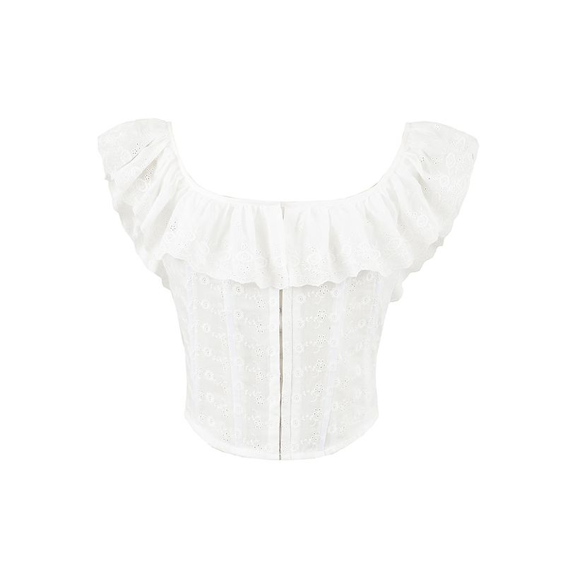 

Цинчэн Маленький белый цветок Французский стиль Нежная атмосфера Кружево с оборками На шнуровке Талия «рыбий скелет» Слимминг Универсальный Маленький топ Женский White Embroider Tops L