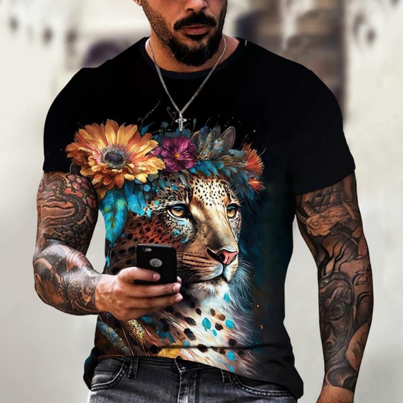 Vintage Animal T-Shirt Mens T Shirt 3d Fierce Leopard Print Tee Summer Short Sleeve Holiday T Shirt Loose Clothing Male Pullover