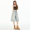 American Retro Cargo Denim Pants Women Fashion Casual Wide Leg Capri Jeans Summer Simple All Match Baggy Jeans