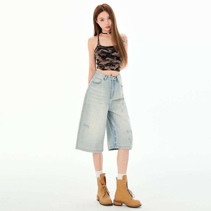 American Retro Cargo Denim Pants Women Fashion Casual Wide Leg Capri Jeans Summer Simple All Match Baggy Jeans