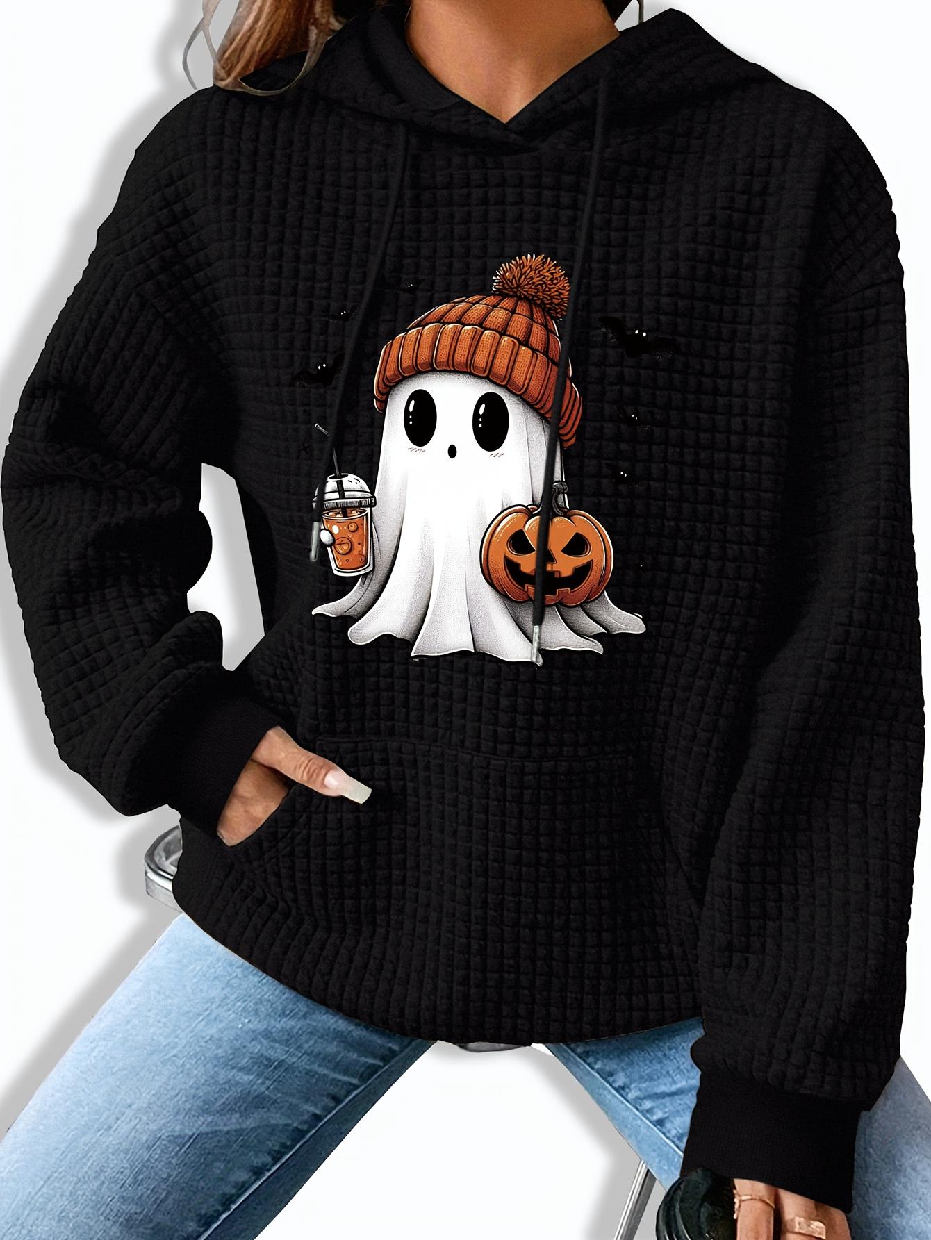

Women S Halloween Ghost & Pumpkin Print Hoodie,Casual Knit Polyester Sweatshirt with Kangaroo Pocket,Long Sleeve Drawstring Hooded Top for Fall/Winter S