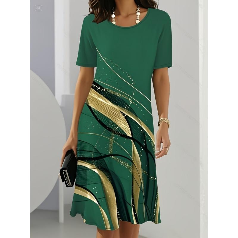 Ladies' Elegant Round Neck Abstract Black Gold Printed Dress for Casual and Formal Occasions