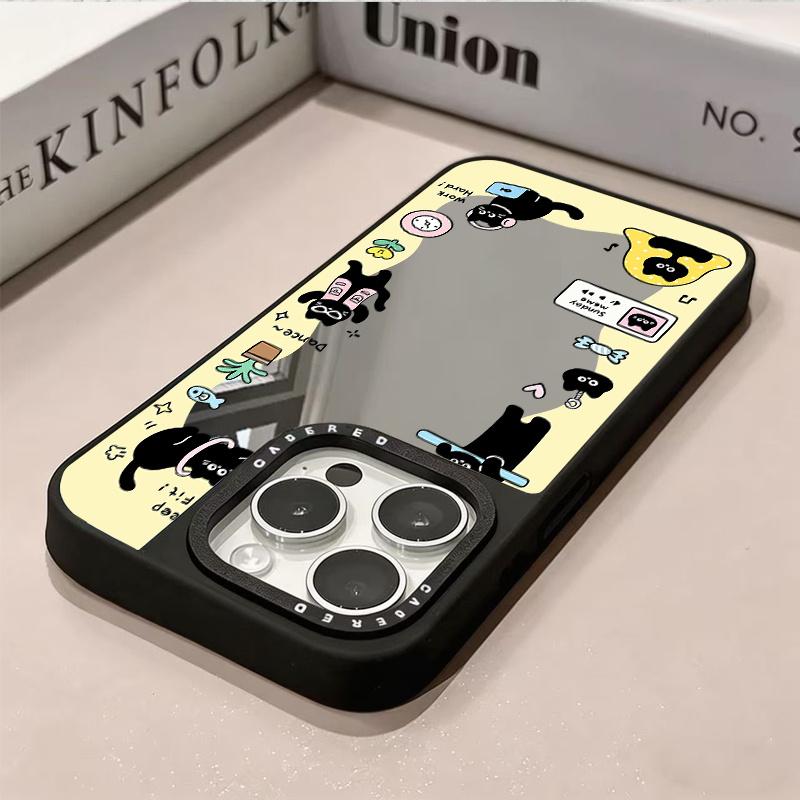 Creative cartoon black cat pattern multifunctional makeup mirror phone case suitable for iPhone 17 16 15 14 13 12 11Pro/Max/Plus