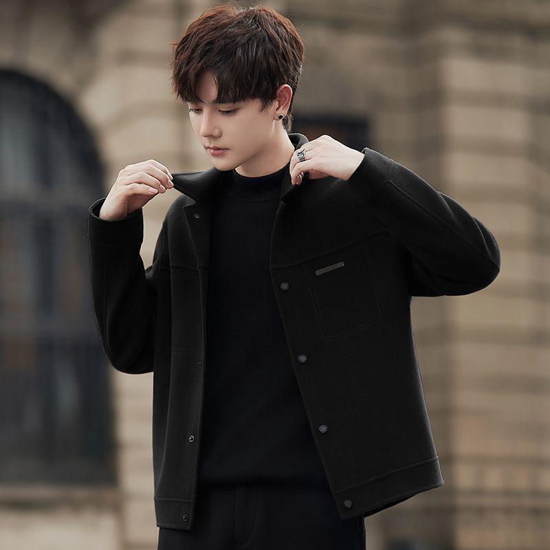 Men s Woolen Lapel Double-Sided Jacket: British Style, Thickened Spring/Autumn Coat, Trendy Short Length. L