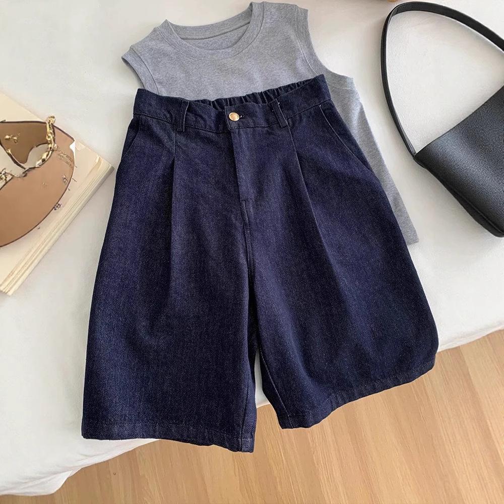 2025 Summer Women s High-Waisted A-Line Wide-Leg Denim Shorts XL темно-синий
