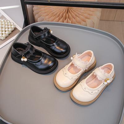 Sapatos de Couro para Meninas Antiderrapantes Preto Fosco Sapatos de Princesa para Crianças Sola Macia 2025 Nova Moda Sapatos Baixos Infantis Cadarço Doce Bico Redondo