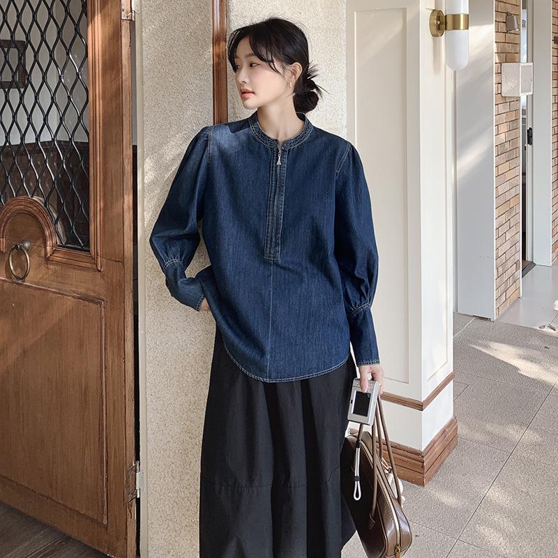 Women's 2025 Spring Retro Puff Sleeve Denim Shirt – Stylish, Unique, and Trendy Short Top