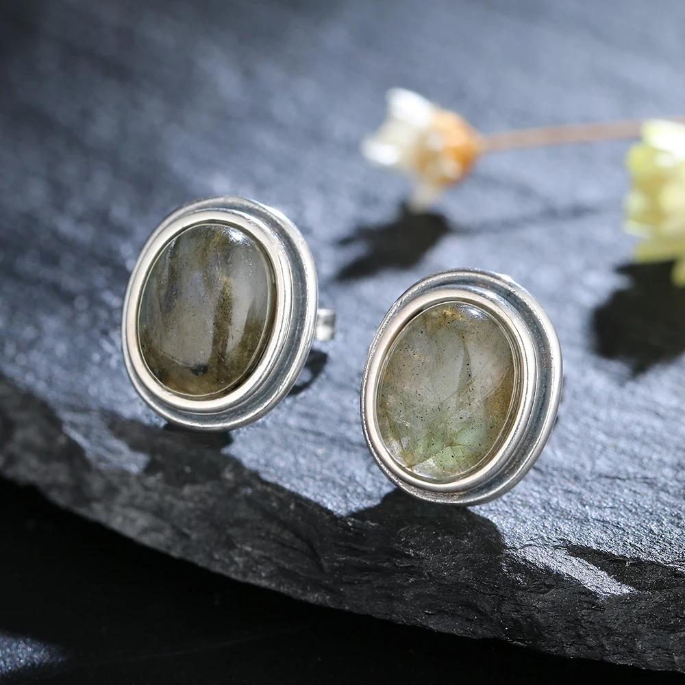 Natürlicher 8x10MM Labradorit Steckerohrring für Damen S Silber Einfach Vintage Jubiläumsparty Geburtstagsgeschenk
