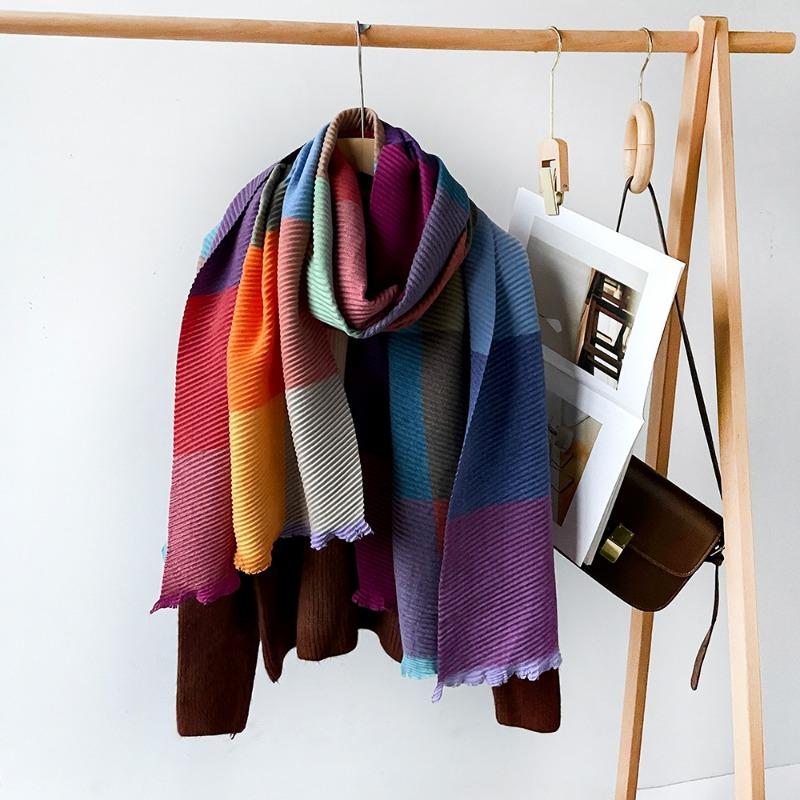 Winter new polyester-cotton multi-color line plaid scarf women's warm long thickened pleated scarf shawl