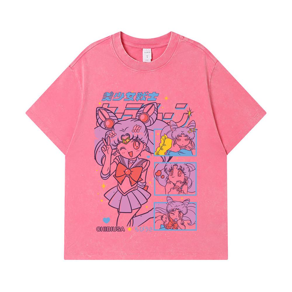 275 GSM Washed T-shirts 100% Cotton Chibiusa Print Unisex Heavy Cotton T Shirt
