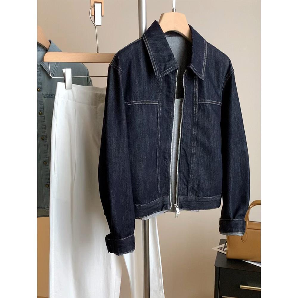Korean Retro Dark Blue Denim Jacket - Women s Loose Slimming Long Sleeve Top with Tag S (Recommended under 110 jin)