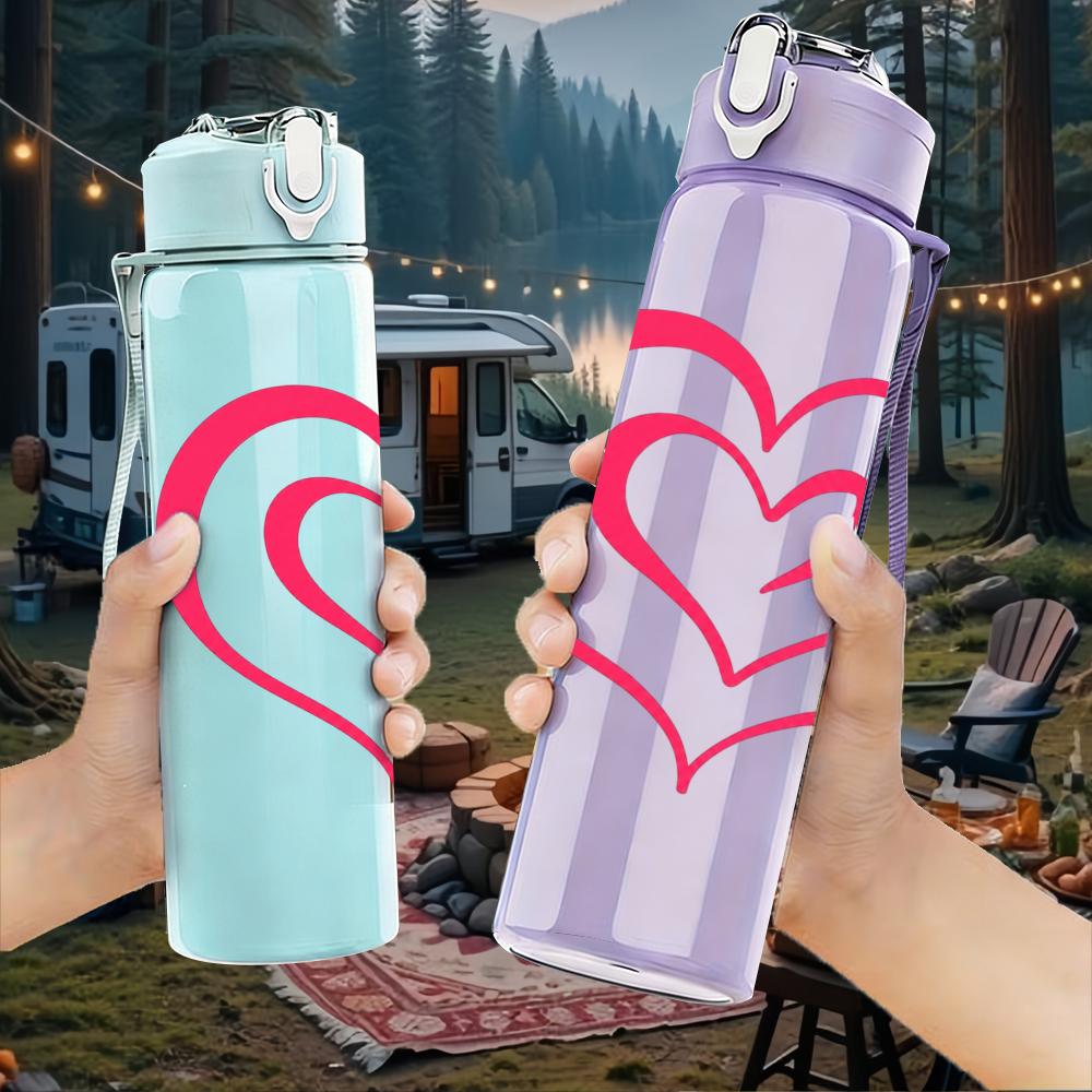 1PC Double Outline Pink Heart 750ml Color Plastic Sports Water Bottle Leakproof Flip Straw Lid Suitable for Sports Office Home Use