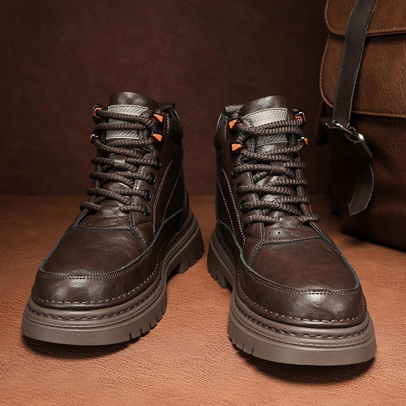 Fashion Men's Shoes Genuine Leather Mens High Top Shoes Male Comfortable Sneakers Motorcycle Boots Male Lace-Up Winter Plush Snow Boots