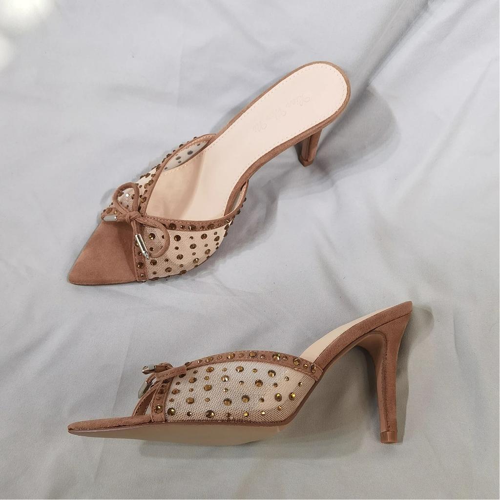 Pointed Toe High Heels, Women's Slim Heels, Hot Pressed Diamond Bow Sandals