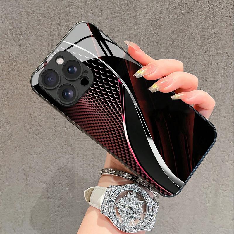 Simple Elegant Red Curved Pattern Phone Case For iPhone 11 12 13 14 15 16 17 Pro Max 16E 7 8 Plus XR XS X Tempered Glass Cover