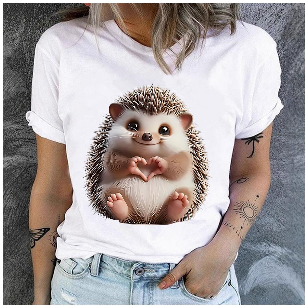 Unisex Polyester Summer Top The Little Hedgehog vs. The Heart Print Loose round Neck Short Sleeve Fashion for Astrology Lovers