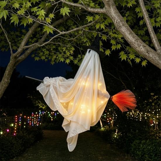 Spooky Outdoor Porch Decor Hanging Ghost with Broom Halloween Decoration, Flying Witch Ornament for Decorations Haunted House Tree Indoor Party