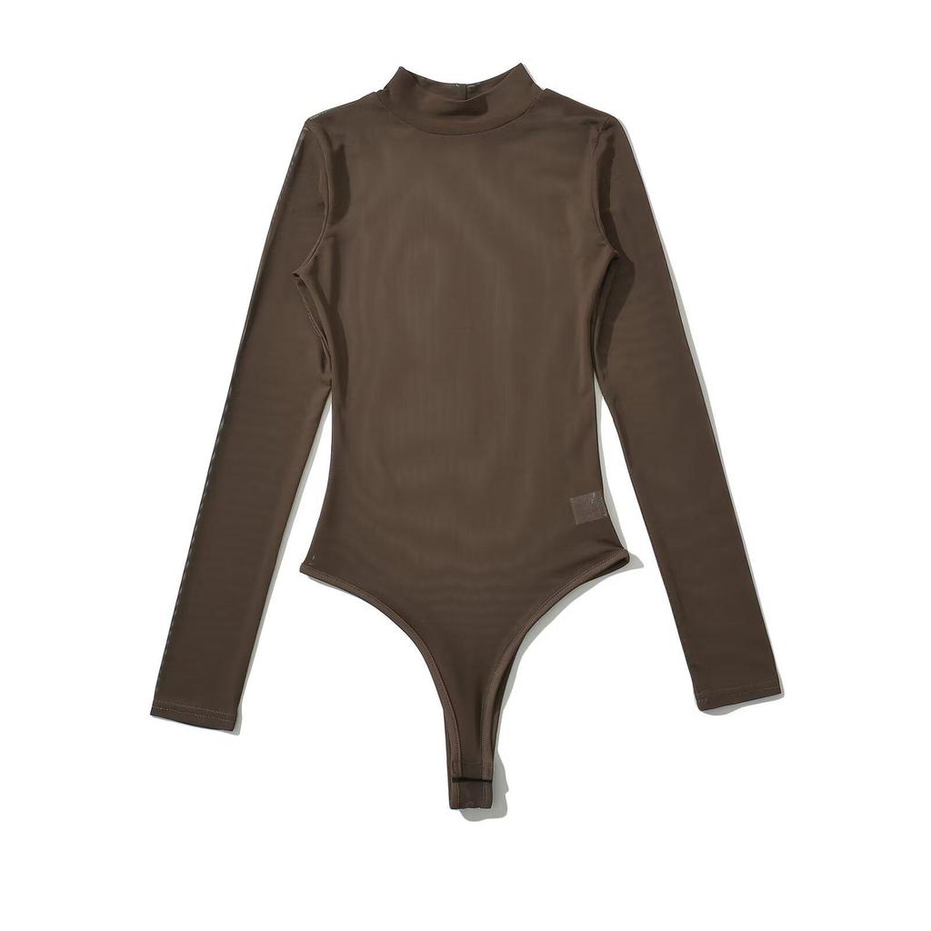 Body da donna YPFF alla moda con colletto alto e rete: Top a strati sexy trasparente a maniche lunghe slim fit