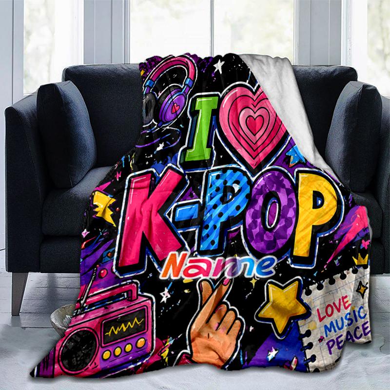 1PC Custom Name K-Pop Love Peace Outdooor Flannel Blankets Throw Blanket All-Season Throw Gift Bedspread for Couch, Bed, Camping Holiday Birthday Gift