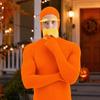 Xiaobudian Face Open Halloween Costume, Unisex Full Body Orange Bodysuit with Beard Eyebrows for Men Women, Adult Stretchy Cosplay Jumpsuit Party