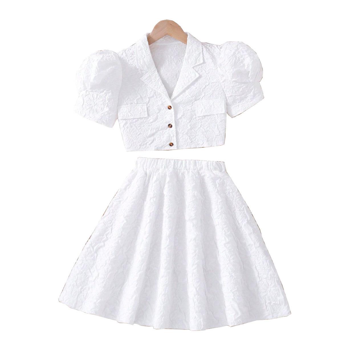 

Белый костюм для девочек-подростков, лето 2024, короткая куртка с пышными рукавами, топ и юбка, детская одежда, модные комплекты для детей 10Y