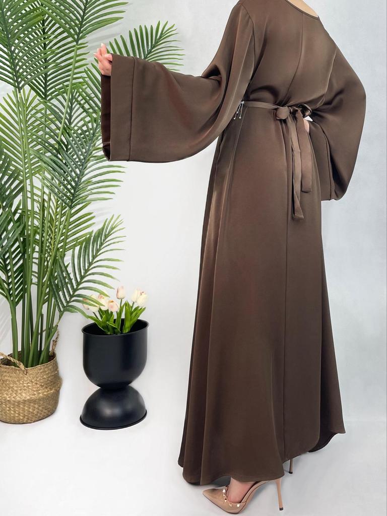 Rhinestone Waist Belt Satin Dress: Elegant Middle Eastern Abaya for Plus Size Women