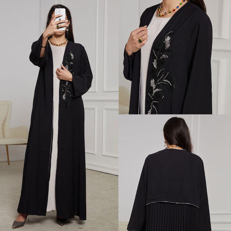 2024 Elegant Handmade Beaded Middle Eastern Muslim Pleated Cardigan Dress