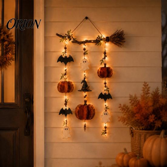 Decorazione Spettrale per Camera da Letto di Halloween Scopa di Strega in Legno da Appendere alla Parete con Luci LED, Zucca Fantasma Decorazione Rustica per la Casa Pipistrello, Ornamento per Porta Autunnale