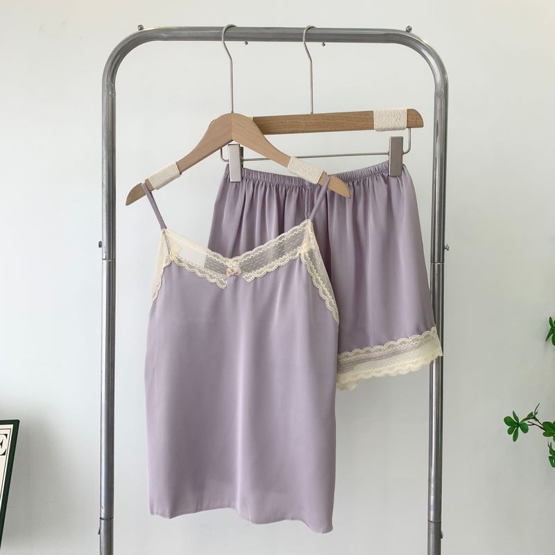 

Lace Sexy Cute Suspenders Shorts Thin Home Wear with Chest Pad 2025 New Arrival Pajamas Suit Silk Texture Purple M