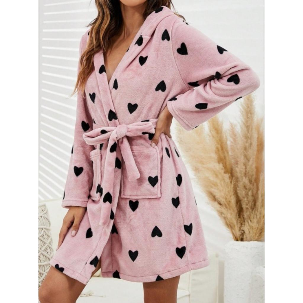 Autumn and Winter Hooded Home Plush Pajamas Short Sleeved Solid Color Warm, Nightgown