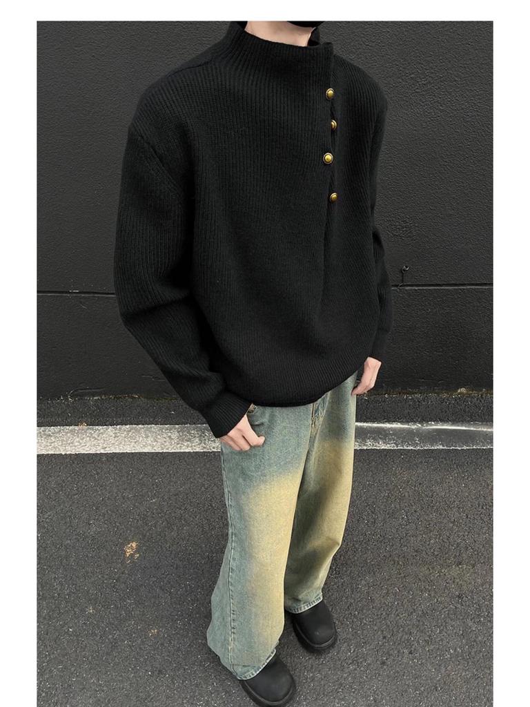 Men's Korean Style High Neck Sweater with Irregular Button Design – Trendy Oversized Knitwear