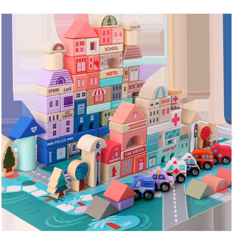 115-Piece Macaron City Wooden Building Blocks for Kids – Large Particle Educational Toy Set