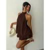 Mini Abito da Festa da Donna con Scollo all'Americana Senza Maniche Monocolore in Chiffon Vestibilità Larga Schiena Scoperta Stratificato Svolazzante Corto